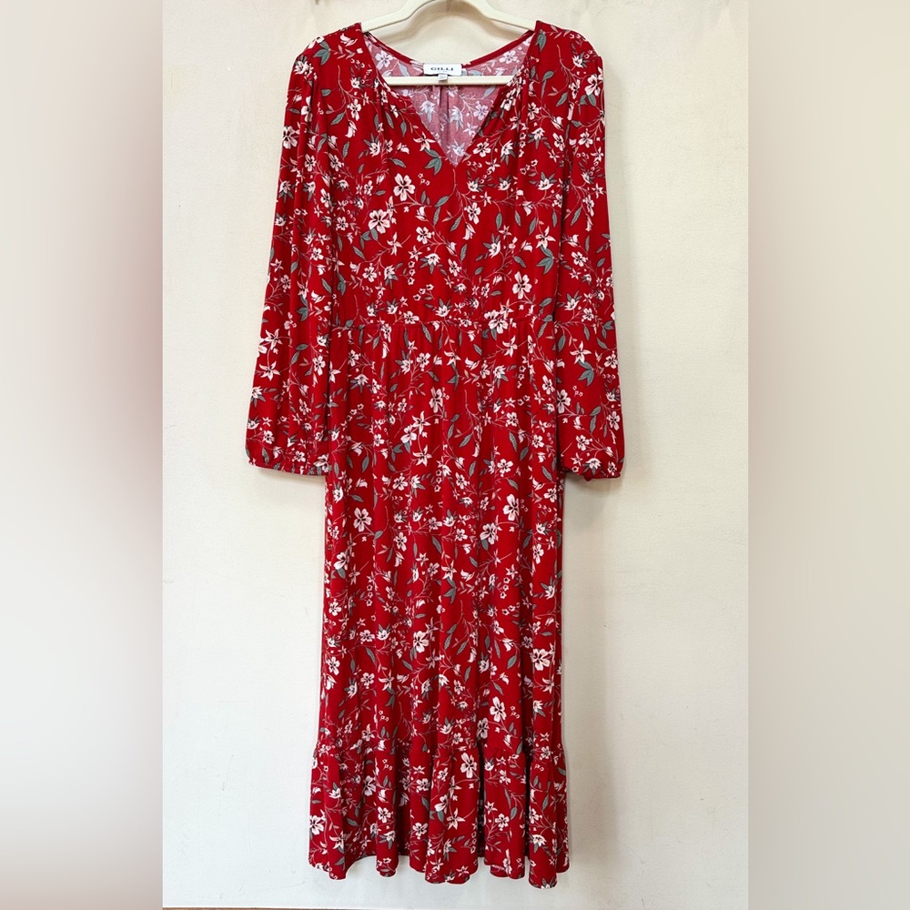 Red floral maxi dress, no wrinkle fabric, stretchy, long sleeve. Sz XXLP - Picture 1 of 5